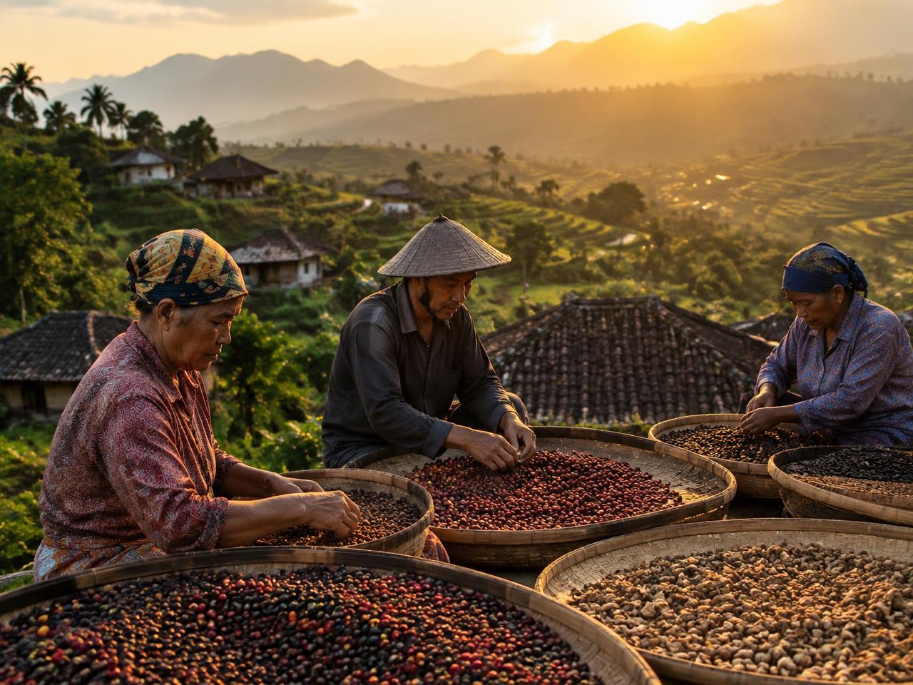 Indonesian farmers sorting coffee and spices on bamboo trays