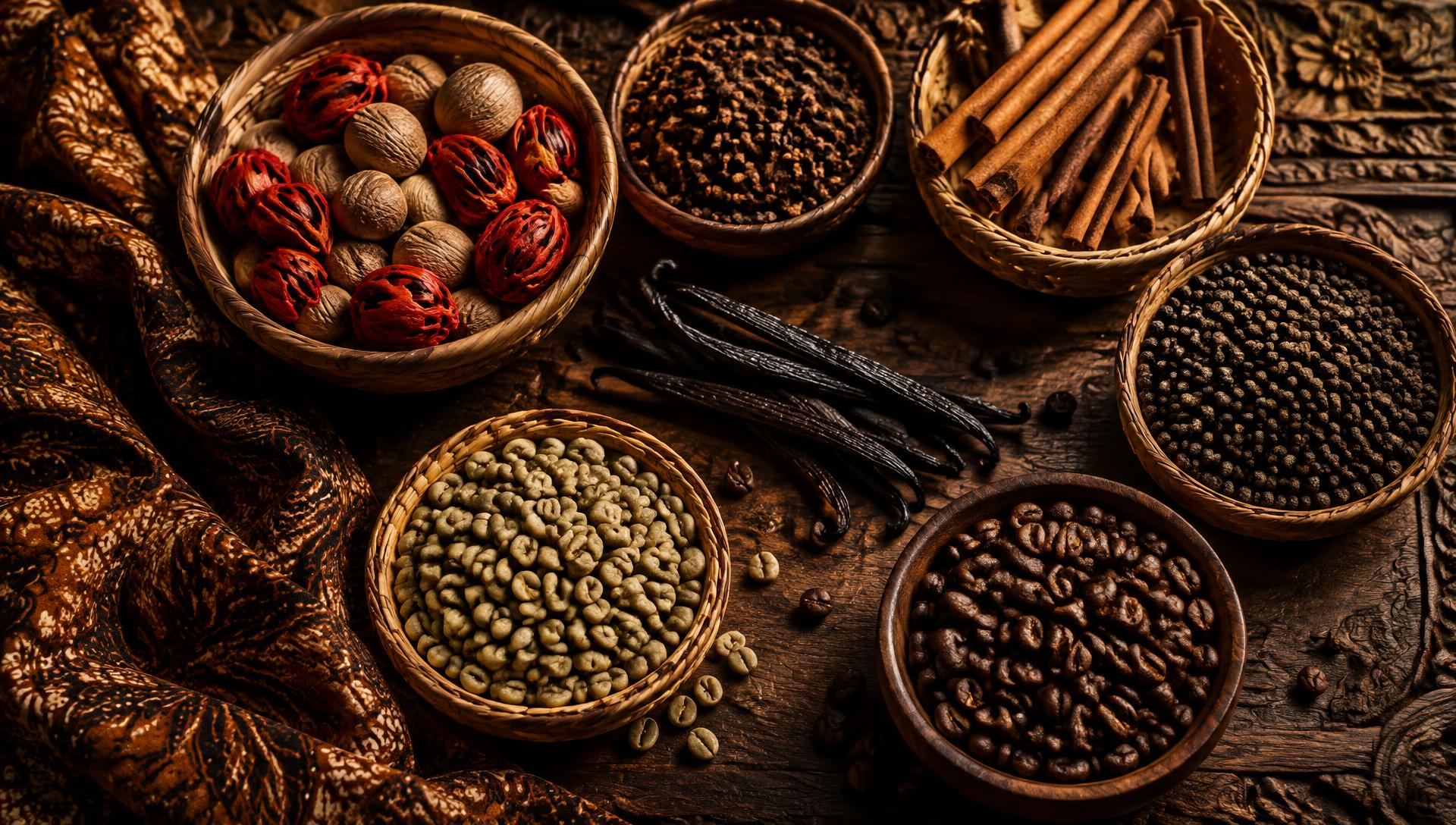Indonesian spices and coffee in woven baskets on batik cloth